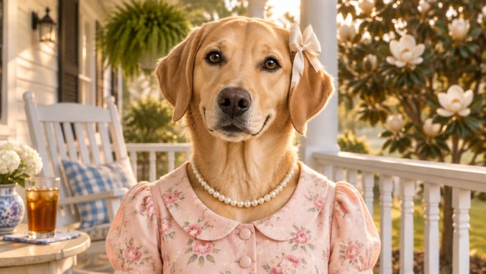 Corn Bread, an AI-generated Labrador mascot in a floral dress